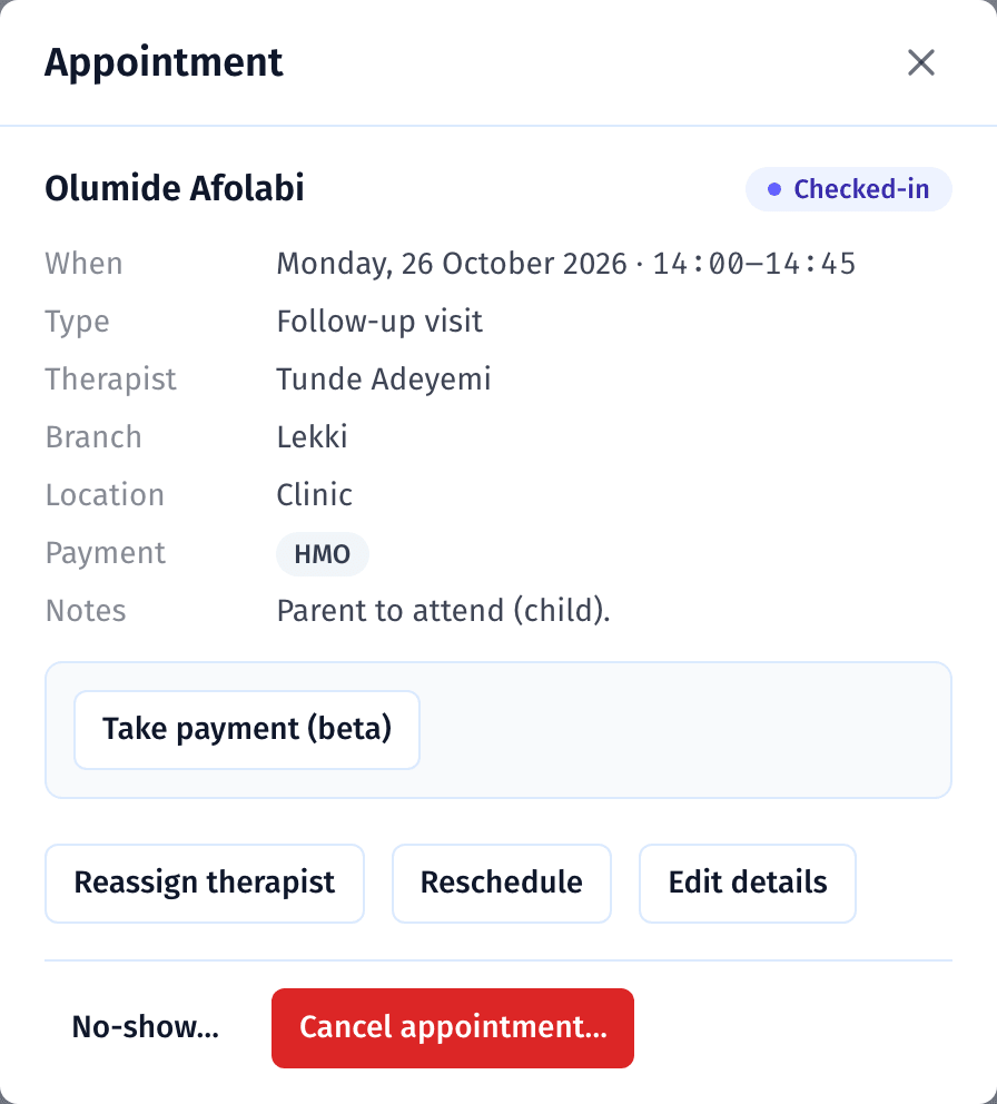 An appointment panel on the schedule, with the patient checked in for a follow-up visit