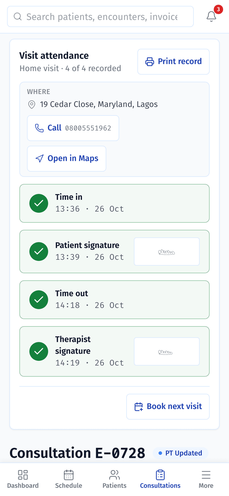 The attendance card with the time out, the physio's signature and the Book next visit button