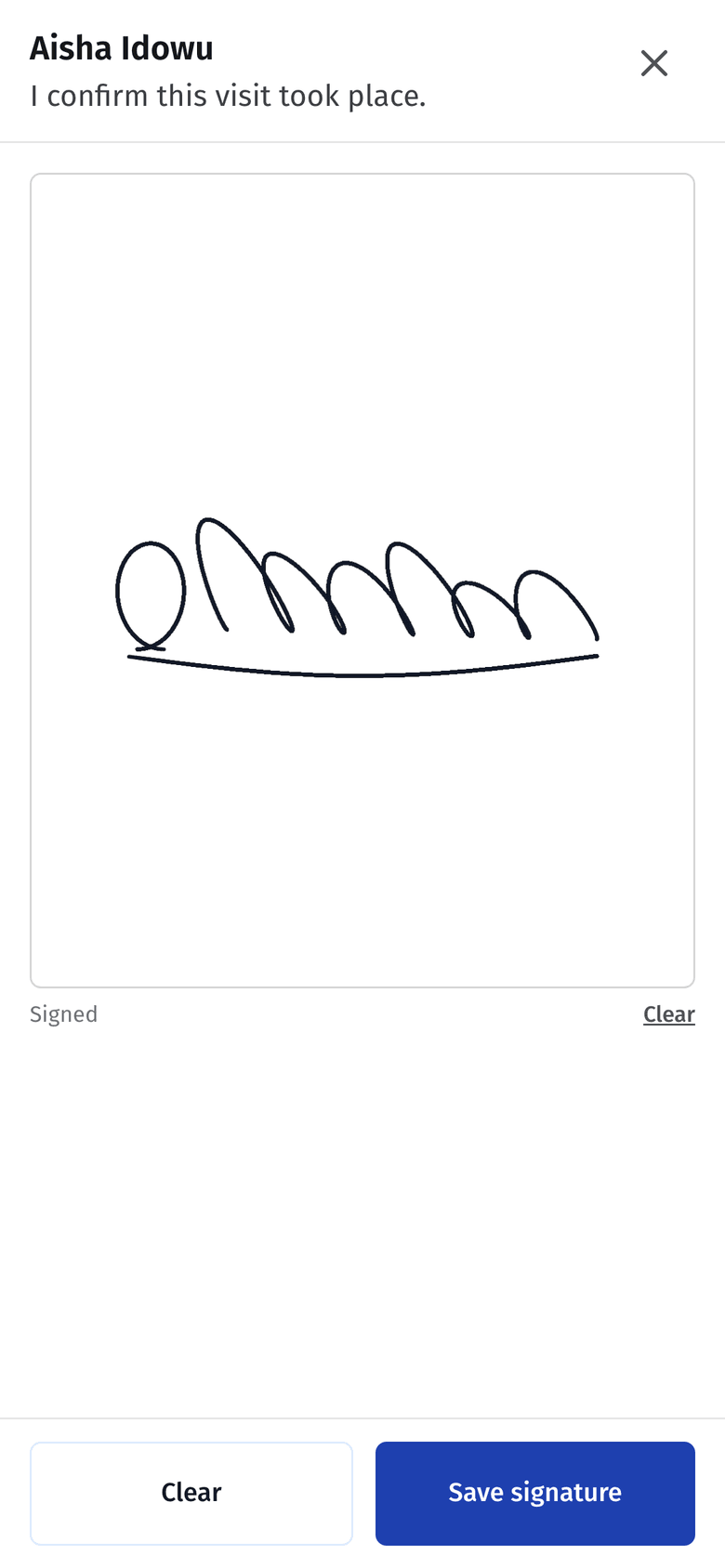 The patient's signature drawn on the physio's phone