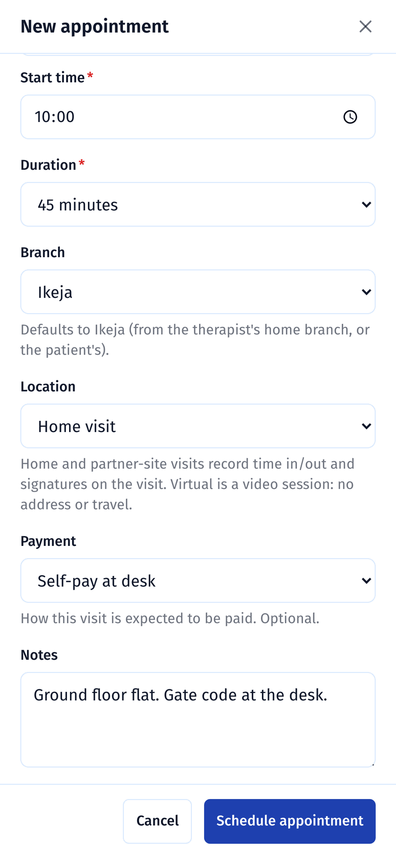 The lower half of the new appointment form, with the branch, the location set to Home visit, the payment and a note about the gate