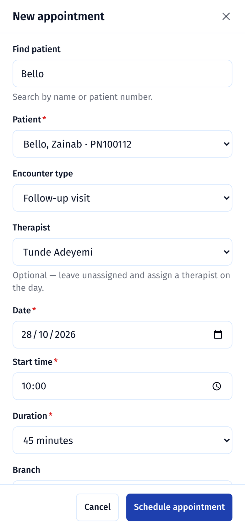 The new appointment form on a phone, with the patient, the physio, the date and the start time filled in