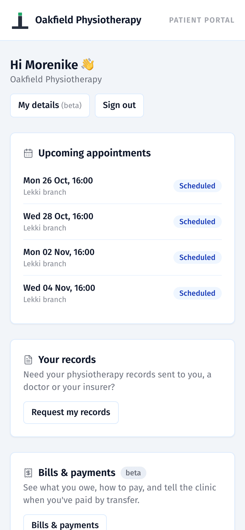 The patient app on a phone, with upcoming appointments, Request my records and Bills and payments (beta)