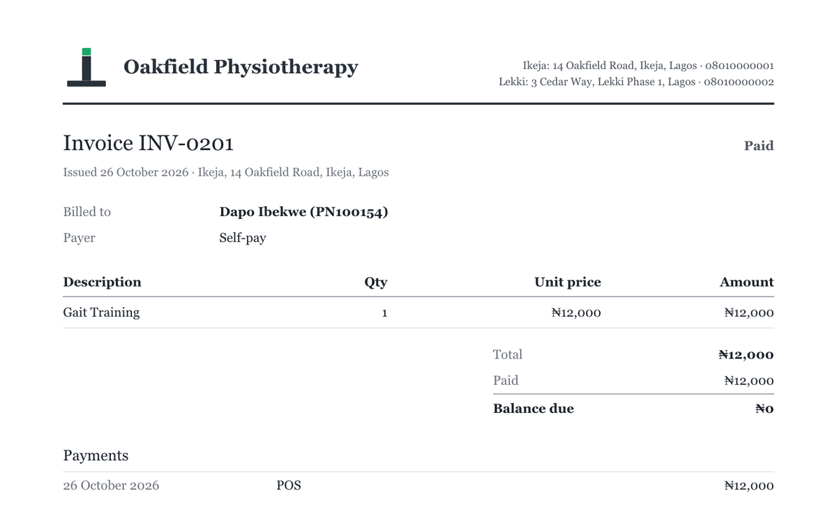 A paid invoice printed on the clinic's letterhead, with the payment by POS
