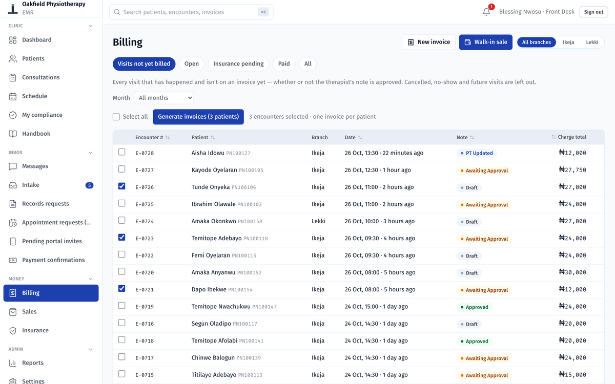 Visits not yet billed, with three visits ticked and the Generate invoices button